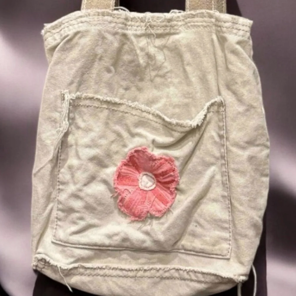 Thirsty one distressed denim Pink Flower Canvas Tote Bag no stains or wear